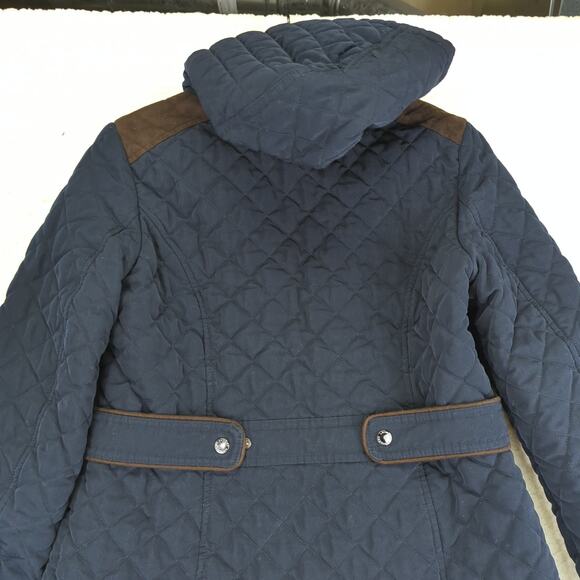 Laundry Shellie Segal Navy Blue Quilted Jacket Women Medium Faux Fur Hood Casual - Picture 5 of 9